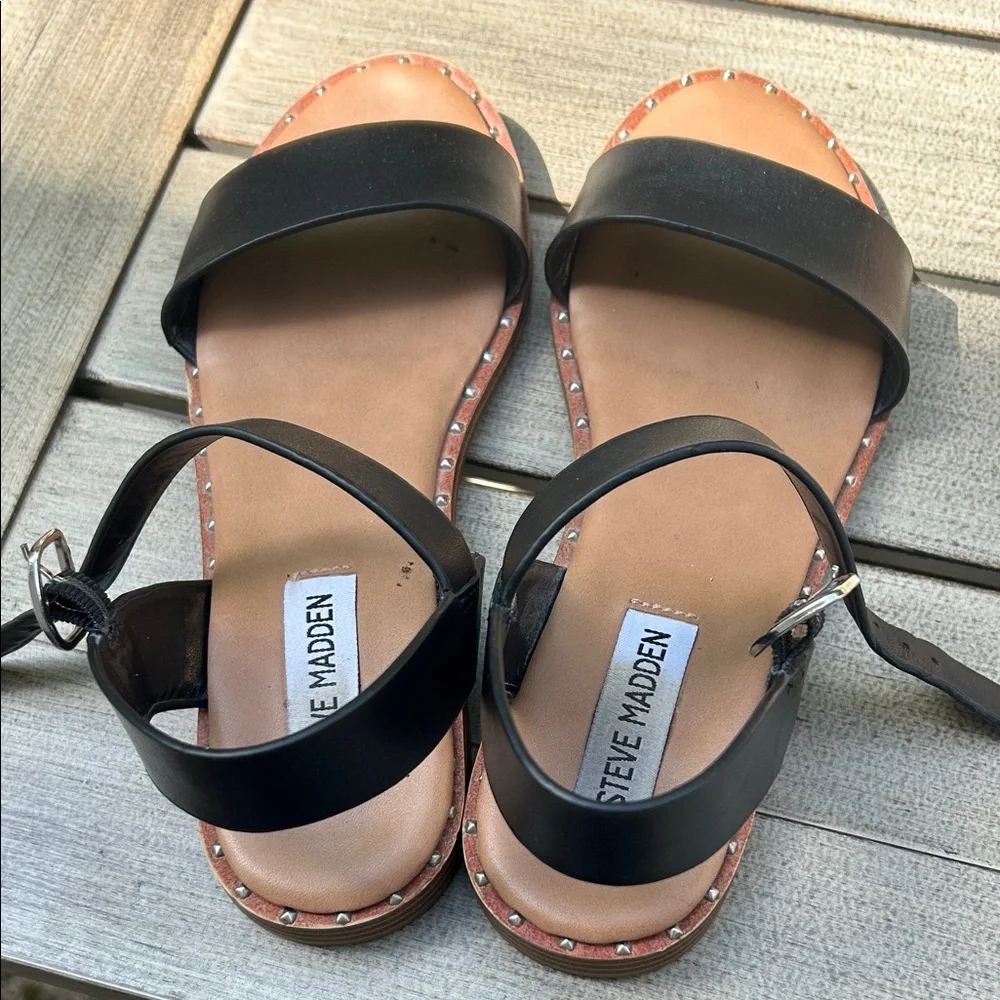 Steve Madden Black and Tan Studded Ankle Strap Sandals - Picture 1 of 4